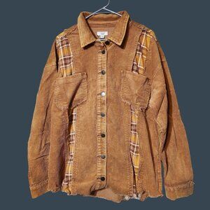 Easel Camel Coastal Cowgirl Washed Plaid Print Corduroy Relaxed‎ Shirt Jacket